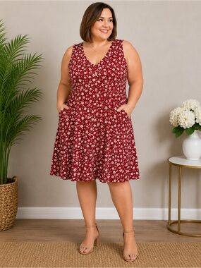 HUHOT XXL Red Floral A-Line Dress with Pockets